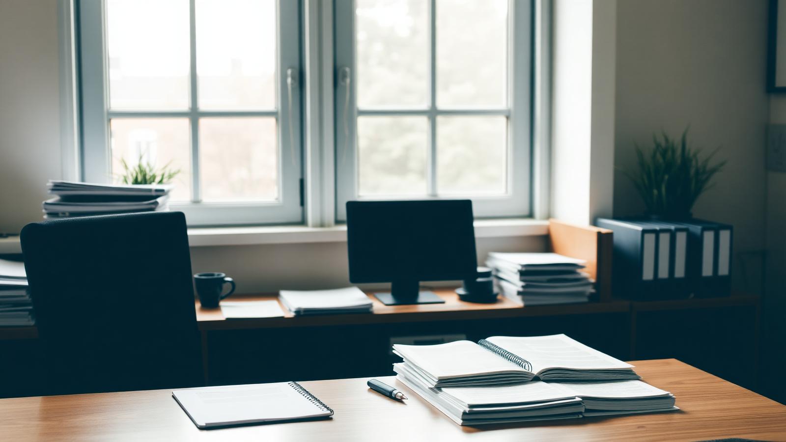 Escritório de contabilidade com mesa organizada, documentos e computador, ambiente profissional com luz natural